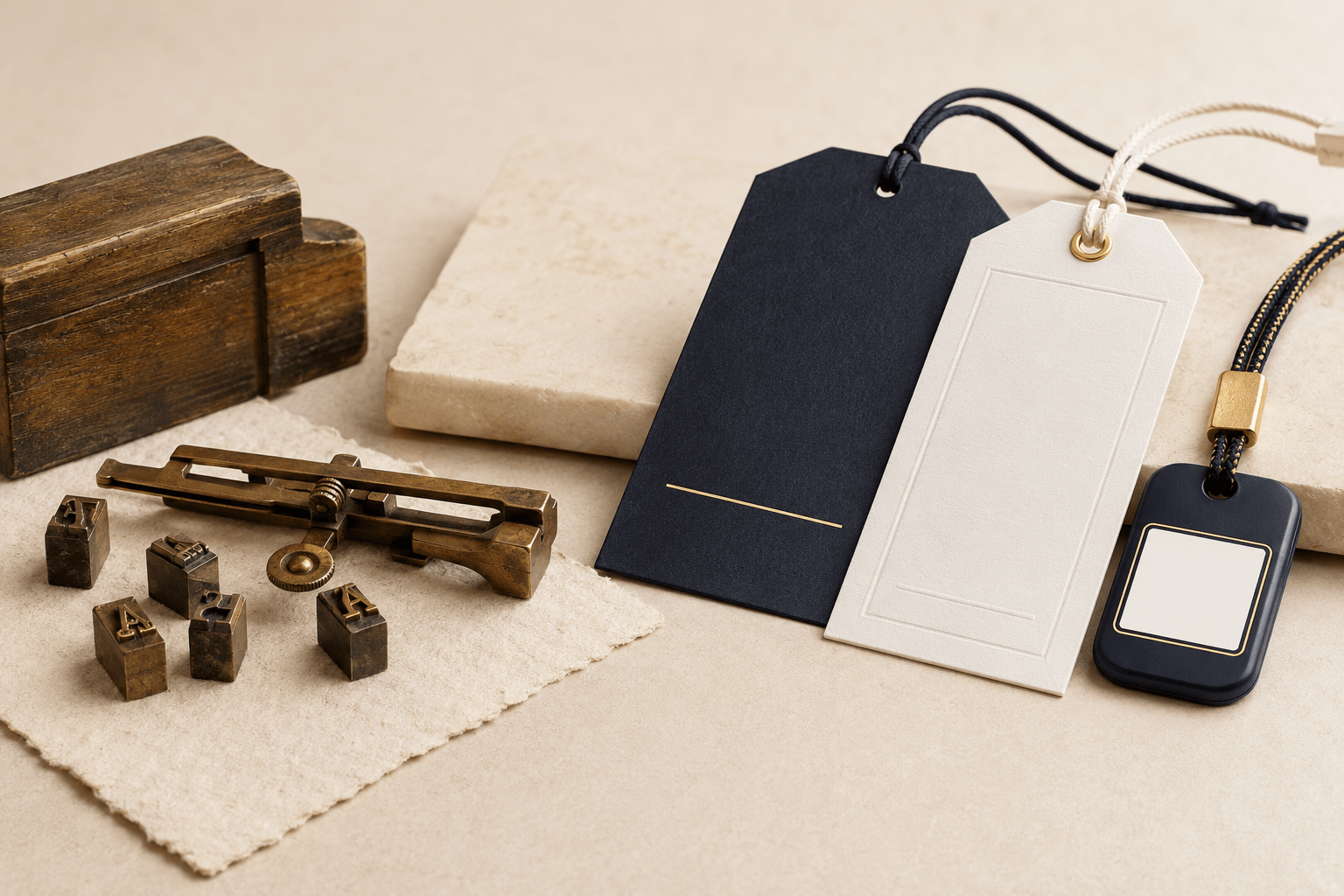 Traditional wooden letterpress blocks and brass type beside modern JPXGLOBAL smart tags — from Jaipur Printers to JPXGLOBAL