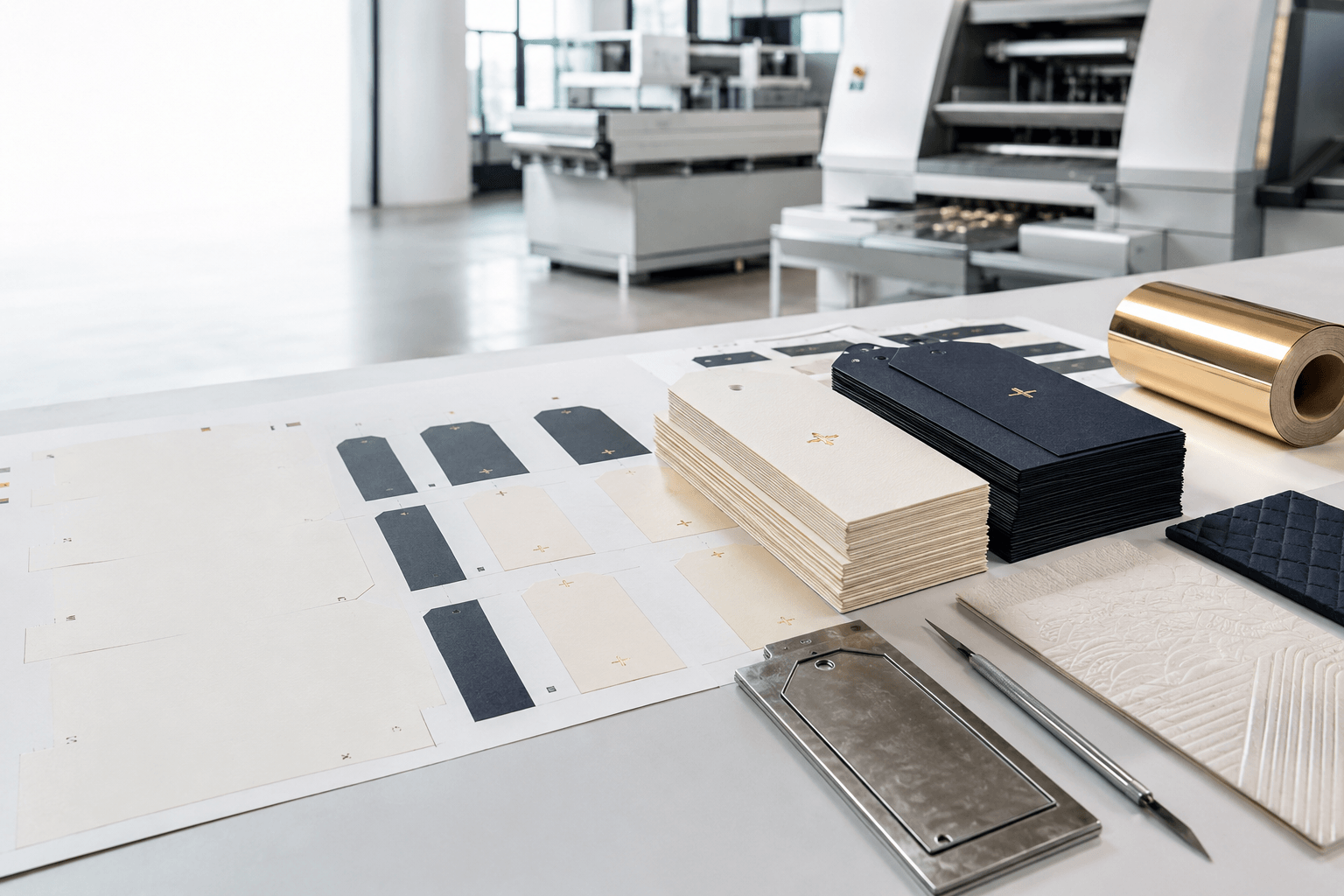 JPXGLOBAL production floor — finishing equipment, gold foil roll and tags on a production table