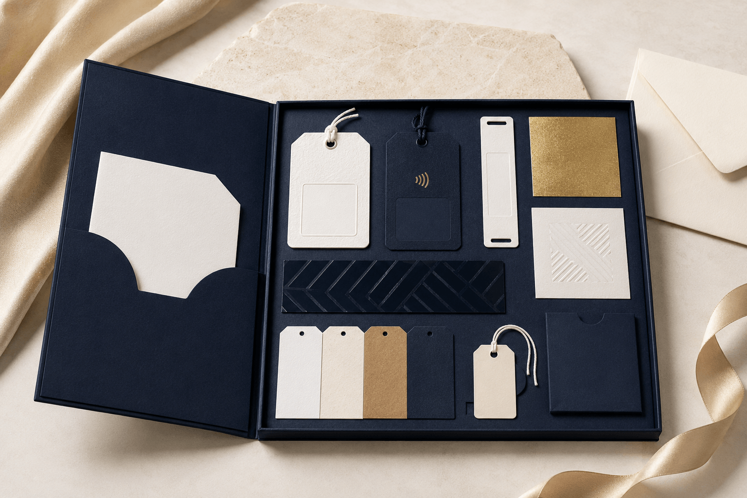 The JPXGLOBAL sample kit box open, showing tags, foil roll, finish swatches and cards