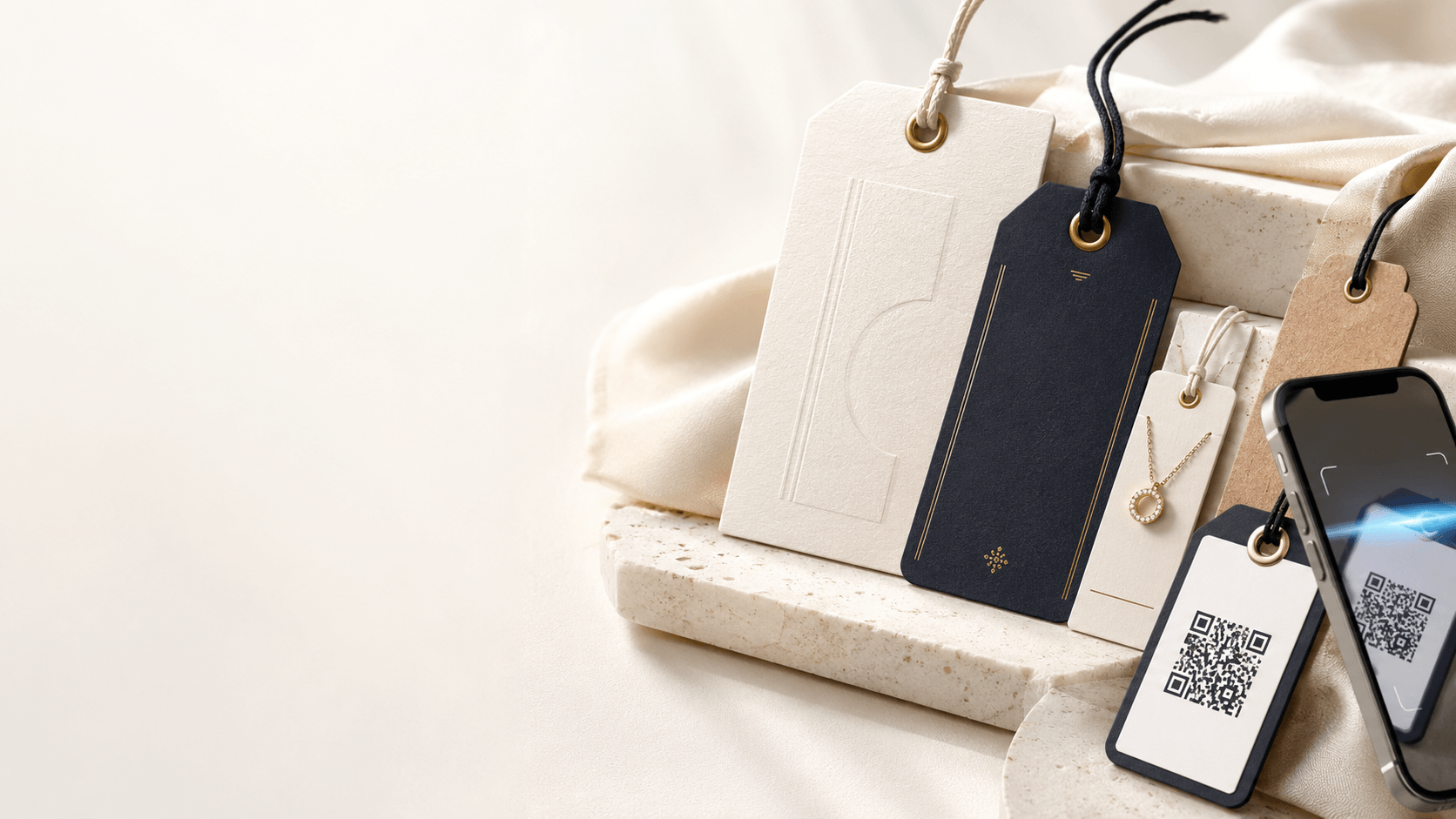 JPXGLOBAL premium smart tags — jewelry hang tag, NFC card and QR tag arranged on stone with a smartphone scanning one tag