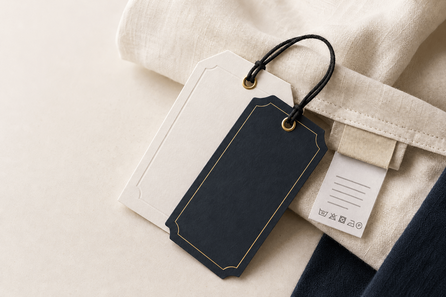 Apparel hang tags and a woven care label on a folded garment — JPXGLOBAL apparel tag and label production