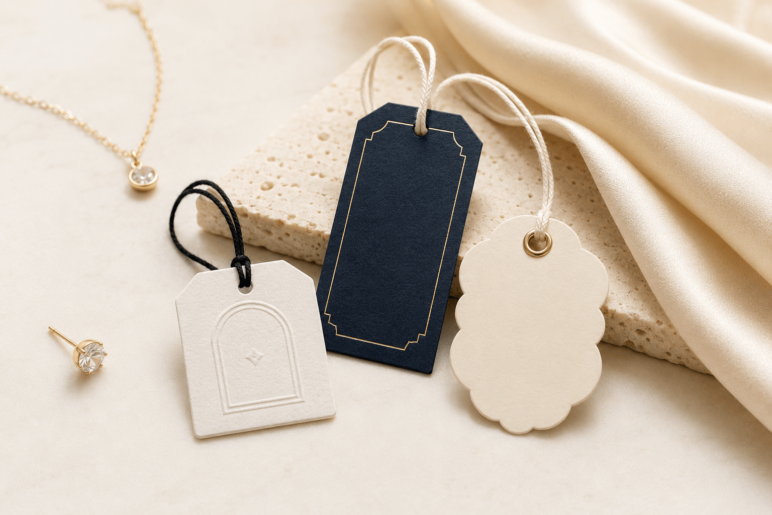 Blank jewelry hang tags with a gold necklace and earring on silk fabric — JPXGLOBAL jewelry hang tag production