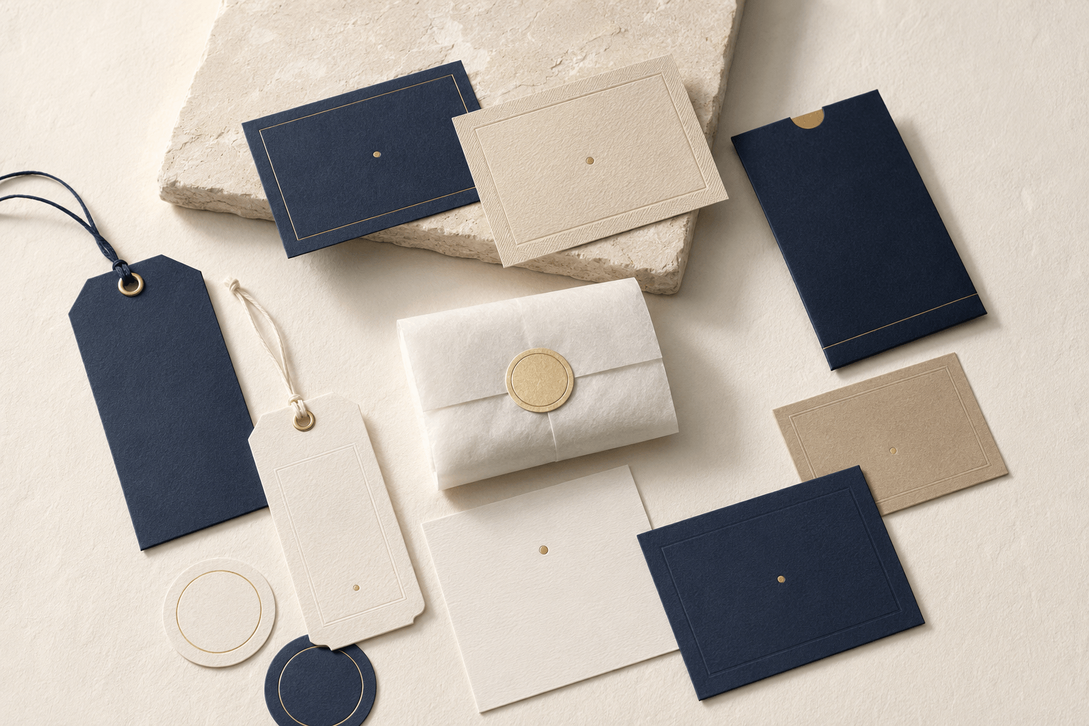 Foil-stamped packaging cards, an envelope and inserts styled on stone — JPXGLOBAL premium packaging components