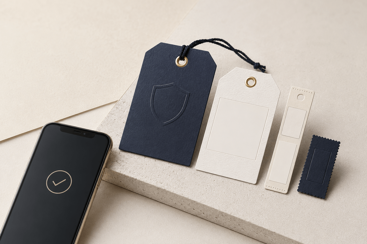 A navy tag with an embossed shield mark beside a smartphone showing a verification checkmark