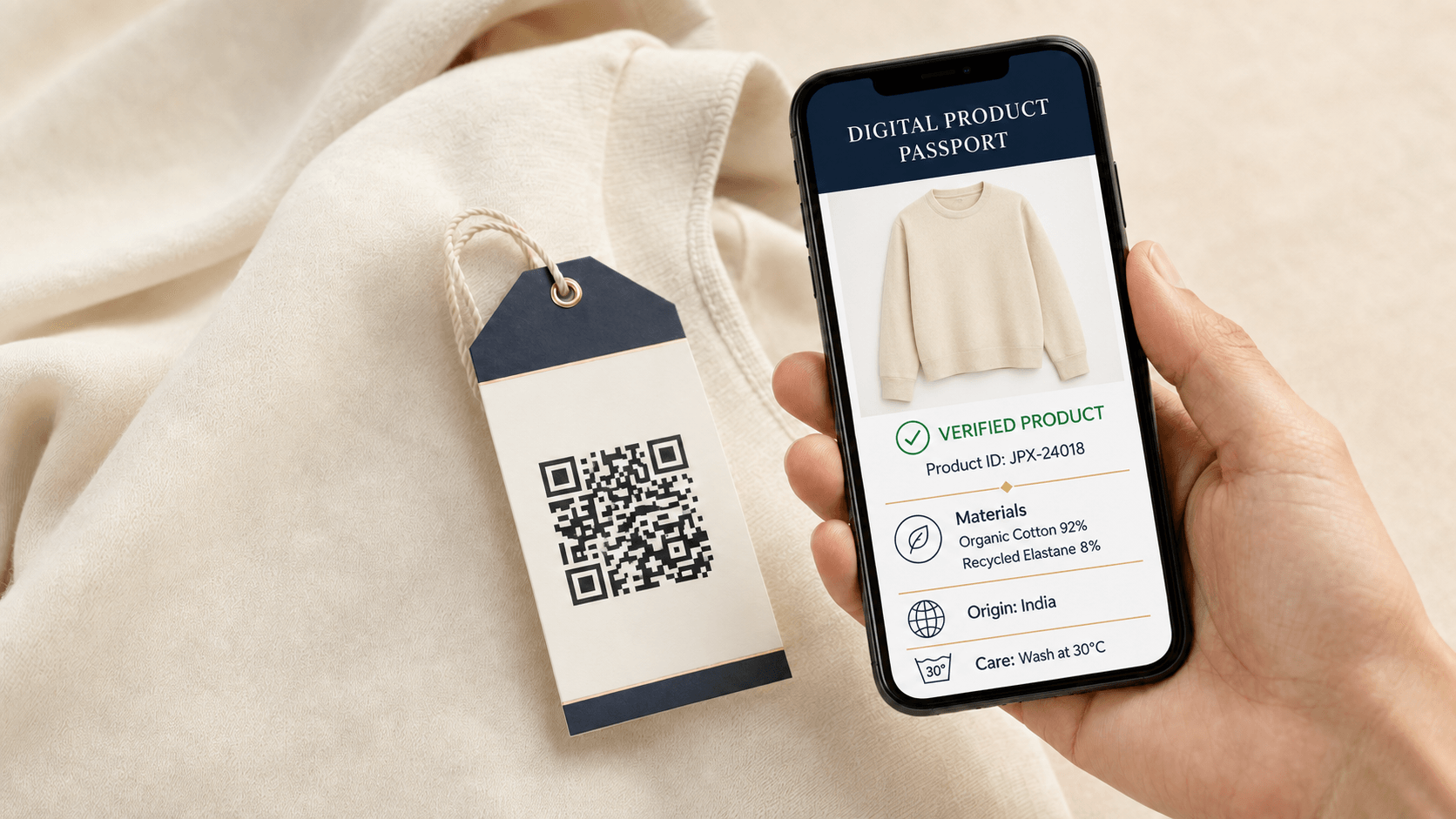 A garment tag with a QR code beside a smartphone showing a Digital Product Passport screen with verified product details, materials and origin