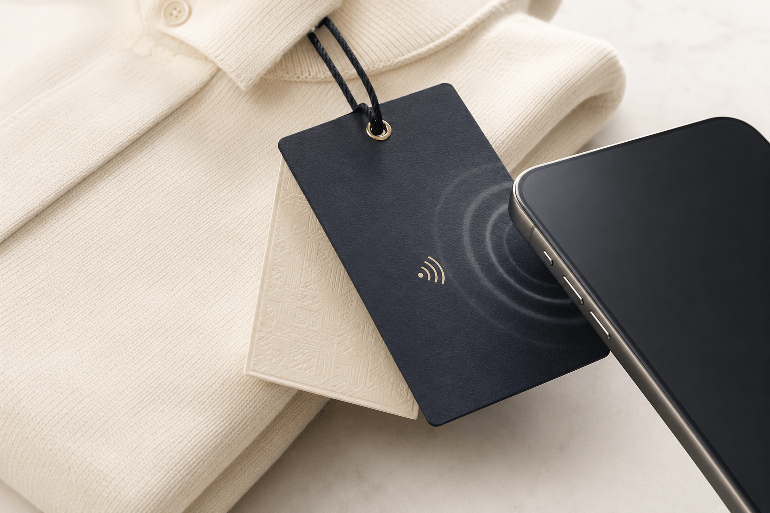 An NFC smart tag on a folded sweater with a smartphone tapping it, tap-wave rings visible