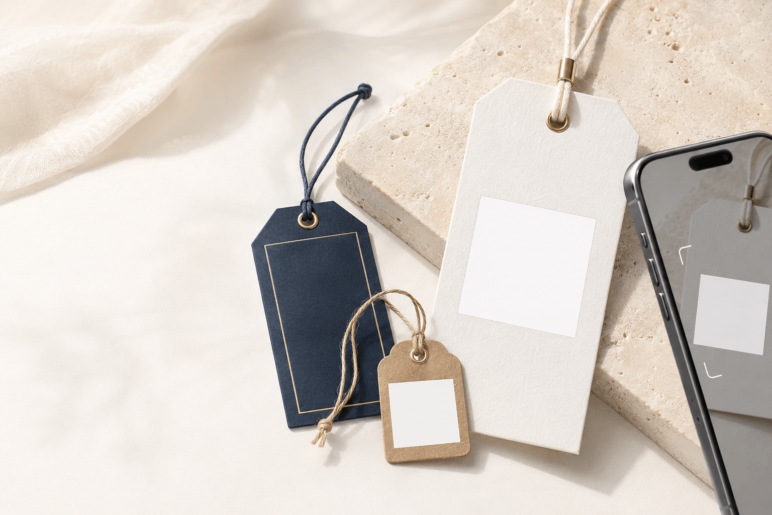 A navy tag with a gold foil border and a cream tag with a blank QR panel, with a smartphone, on silk fabric
