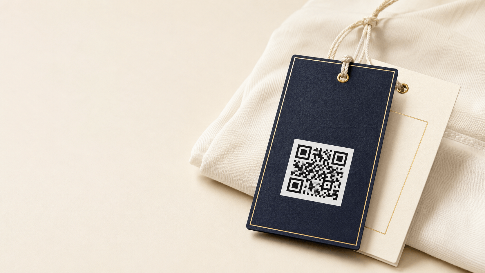 A navy tag with a gold foil border and a QR code, resting on a folded cream garment