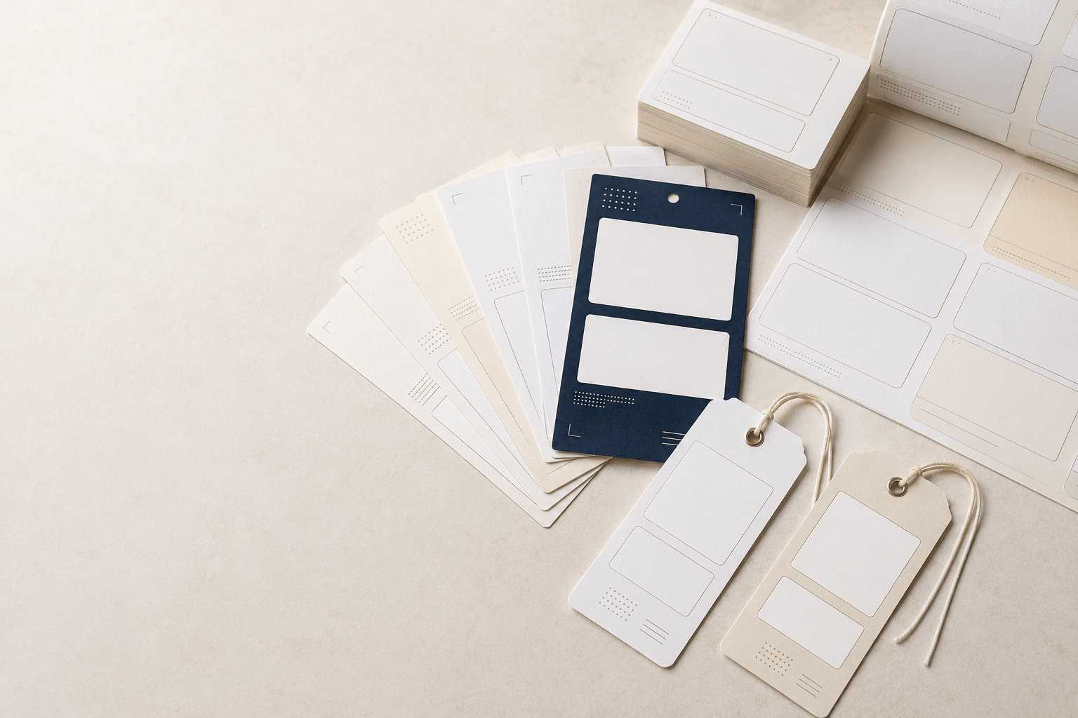 A navy card with two blank data panels beside rows of blank variable-data tags